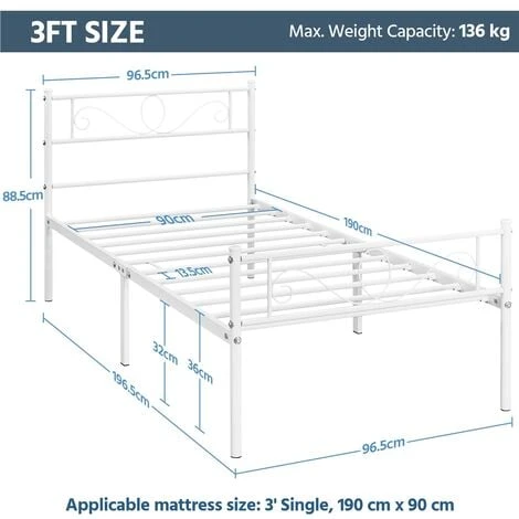 Yaheetech Letto Singolo In Ferro Battuto Con Doghe Struttura Letto In Metallo 96 X 196 Cm Stile Rustico Moderno Bianco 3 Yaheetech Letto Singolo In Ferro Battuto Con Doghe Struttura Letto In Metallo 96 X 196 Cm Stile Rustico Moderno Bianco - immagine 3