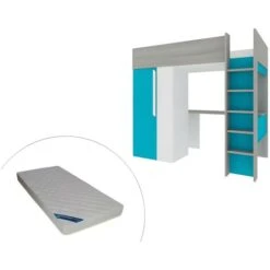 Letto A Soppalco 90 X 200 Cm Con Armadio E Scrivania Blu E Bianco + Materasso - NICOLAS -Armonia Casa 79478381 3