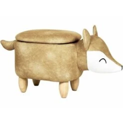 Sgabello Contenitore Per Bambini A Forma Di Volpe In Tessuto Arancione Con Gambe In Legno Fox