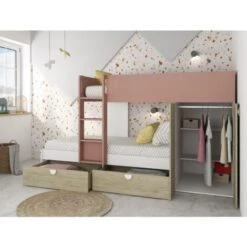 Letto A Castello Wilson Per Due Bambini Rosa Antico Rovere E Bianco Opaco Con Armadio Rosa, Rovere E Bianco -Armonia Casa 80330146 2