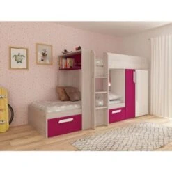 Letto A Castello Alvin Per Due Bambini Fucsia Rovere E Bianco Opaco Con Armadio Fucsia, Rovere E Bianco