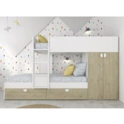 Letto A Castello Wilson Per Due Bambini Bianco Opaco E Rovere Con Armadio Rovere E Bianco