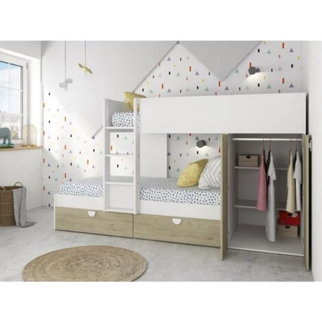 Letto A Castello Wilson Per Due Bambini Bianco Opaco E Rovere Con Armadio Rovere E Bianco 4 Letto A Castello Wilson Per Due Bambini Bianco Opaco E Rovere Con Armadio Rovere E Bianco - immagine 4