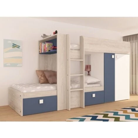 Letto A Castello Alvin Per Due Bambini Blu Fumo Rovere E Bianco Opaco Con Armadio Blu, Rovere E Bianco 1 Letto A Castello Alvin Per Due Bambini Blu Fumo Rovere E Bianco Opaco Con Armadio Blu, Rovere E Bianco