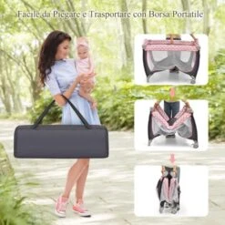 COSTWAY 3-IN-1 Lettino Da Viaggio Per Bambini 25 Kg, Box Bambini Con Fasciatoio, Culla Da Campeggio Con Materasso 120x60cm, Giocattoli+Ruote+Borsa, 0-3 Anni, 125x65x76 Cm (Rosa) -Armonia Casa 80691765 4