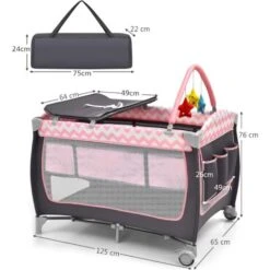 COSTWAY 3-IN-1 Lettino Da Viaggio Per Bambini 25 Kg, Box Bambini Con Fasciatoio, Culla Da Campeggio Con Materasso 120x60cm, Giocattoli+Ruote+Borsa, 0-3 Anni, 125x65x76 Cm (Rosa) -Armonia Casa 80691765 5