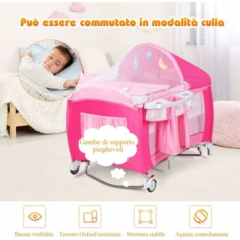 COSTWAY Lettino Da Viaggio Culla Per Bimbo Pieghevole, Per Bambini Fino A 15 Kg, 0-36 Mesi, Modalità Dondolo, Con Zanzariera, 2 Ruotes, 124 X 65 X 121CM (Rosa) 3 COSTWAY Lettino Da Viaggio Culla Per Bimbo Pieghevole, Per Bambini Fino A 15 Kg, 0-36 Mesi, Modalità Dondolo, Con Zanzariera, 2 Ruotes, 124 X 65 X 121CM (Rosa) - immagine 3