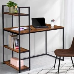 Scrivania Libreria DAYTON Con Piano Effetto Invecchiato, Design Industriale