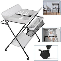 Hengda Fasciatoio Pieghevole Portatile, Bagnetto Cambio Pannolini Per Bambini Neonati, Con Ruote E Cesto Portaoggetti, Grigio