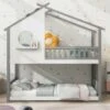 Letto Per Bambini 90x200cm Letto A Castello Con Scala E Telaio In Pino, Grigio+Bianco