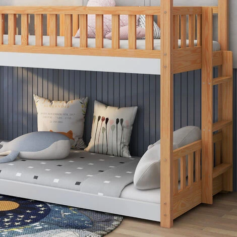 Letto Per Bambini 90x200cm Letto A Castello Con Scala E Telaio In Pino, Naturale+Bianco 3 Letto Per Bambini 90x200cm Letto A Castello Con Scala E Telaio In Pino, Naturale+Bianco - immagine 3