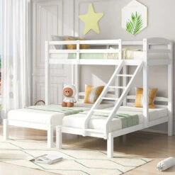 Letto Per Bambini 90 X 200 Cm Letto Triplo In Legno Con Scala Laterale, Bianco