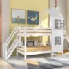 Letto Per Bambini 90 X 200 Cm Letto A Castello Con Corrimano E Finestre, Bianco
