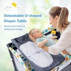 DREAMADE 5 In 1 Lettino Neonato, Culla Da Campeggio Con Fasciatoio E Giocattolo Appeso, Altezza Regolabile In 4 Livelli, Vassoio Portaoggetti, Adatto A Bambini Da 0 A 36 Mesi (Grigio) -Armonia Casa 81846701 3