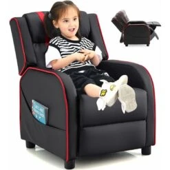 DREAMADE Sedia Reclinabile Per Bambini, Sedia Divano Reclinabile Imbottita, Divano Per Bambini In Pelle PU Con Schienale E Poggiapiedi Regolabil 2 Tasche Laterali, Altezza Seduta 35 Cm (Red)