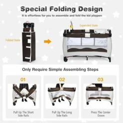 DREAMADE 3 In 1 Lettino Da Campeggio Per Bambini, Letto Pieghevole Con Fasciatoio E Giocattolo Appeso, Meterasso Imbottito, Culla Co-Sleeping Per Bambini 0-36 Mesi, 125 X 66 X 77 Cm (Brown) 7 DREAMADE 3 In 1 Lettino Da Campeggio Per Bambini, Letto Pieghevole Con Fasciatoio E Giocattolo Appeso, Meterasso Imbottito, Culla Co-Sleeping Per Bambini 0-36 Mesi, 125 X 66 X 77 Cm (Brown) -Armonia Casa 81846741 3