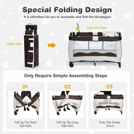 DREAMADE 3 In 1 Lettino Da Campeggio Per Bambini, Letto Pieghevole Con Fasciatoio E Giocattolo Appeso, Meterasso Imbottito, Culla Co-Sleeping Per Bambini 0-36 Mesi, 125 X 66 X 77 Cm (Brown) 3 DREAMADE 3 In 1 Lettino Da Campeggio Per Bambini, Letto Pieghevole Con Fasciatoio E Giocattolo Appeso, Meterasso Imbottito, Culla Co-Sleeping Per Bambini 0-36 Mesi, 125 X 66 X 77 Cm (Brown) - immagine 3