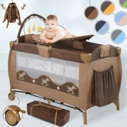 Lettino Da Viaggio - 126 X 66 X 82cm, Pieghevole, Con Fasciatoio, Borsa Da Trasporto E Arco Da Gioco, Apertura Laterale, Marrone