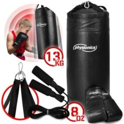Sacco Da Boxe Da Bambini - Ø 30 Cm, Lunghezza 70cm, Set Guantoni 8 Oz, Corda Per Saltare, Con Moschettone, Nero – Sacco Pieno, P