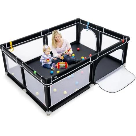 COSTWAY Box Per Bambini, Recinto Per Neonati, Box Per Interno Ed Esterno Con Palline, Con Cancelli Di Sicurezza, Con Ventose Antiscivolo, Pareti A Rete Traspirante E 4 Anelli Per Bambini (Nero) 1 COSTWAY Box Per Bambini, Recinto Per Neonati, Box Per Interno Ed Esterno Con Palline, Con Cancelli Di Sicurezza, Con Ventose Antiscivolo, Pareti A Rete Traspirante E 4 Anelli Per Bambini (Nero)