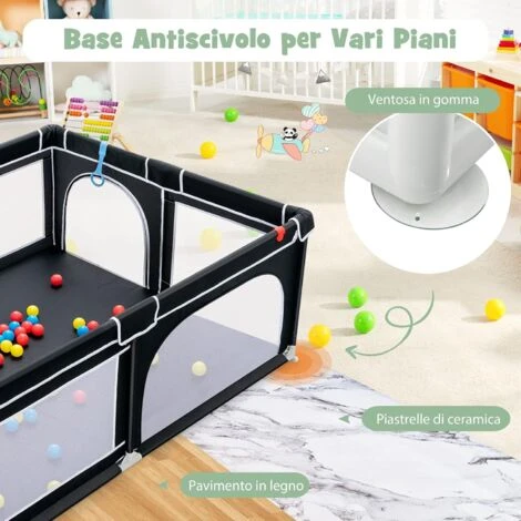 COSTWAY Box Per Bambini, Recinto Per Neonati, Box Per Interno Ed Esterno Con Palline, Con Cancelli Di Sicurezza, Con Ventose Antiscivolo, Pareti A Rete Traspirante E 4 Anelli Per Bambini (Nero) 2 COSTWAY Box Per Bambini, Recinto Per Neonati, Box Per Interno Ed Esterno Con Palline, Con Cancelli Di Sicurezza, Con Ventose Antiscivolo, Pareti A Rete Traspirante E 4 Anelli Per Bambini (Nero) - immagine 2