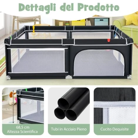 COSTWAY Box Per Bambini, Recinto Per Neonati, Box Per Interno Ed Esterno Con Palline, Con Cancelli Di Sicurezza, Con Ventose Antiscivolo, Pareti A Rete Traspirante E 4 Anelli Per Bambini (Nero) 3 COSTWAY Box Per Bambini, Recinto Per Neonati, Box Per Interno Ed Esterno Con Palline, Con Cancelli Di Sicurezza, Con Ventose Antiscivolo, Pareti A Rete Traspirante E 4 Anelli Per Bambini (Nero) - immagine 3