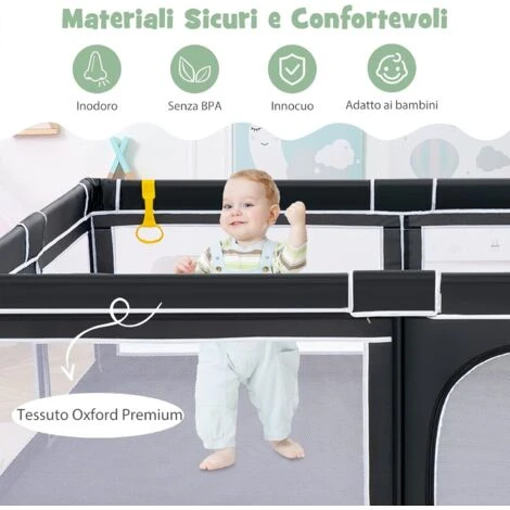 COSTWAY Box Per Bambini, Recinto Per Neonati, Box Per Interno Ed Esterno Con Palline, Con Cancelli Di Sicurezza, Con Ventose Antiscivolo, Pareti A Rete Traspirante E 4 Anelli Per Bambini (Nero) 4 COSTWAY Box Per Bambini, Recinto Per Neonati, Box Per Interno Ed Esterno Con Palline, Con Cancelli Di Sicurezza, Con Ventose Antiscivolo, Pareti A Rete Traspirante E 4 Anelli Per Bambini (Nero) - immagine 4