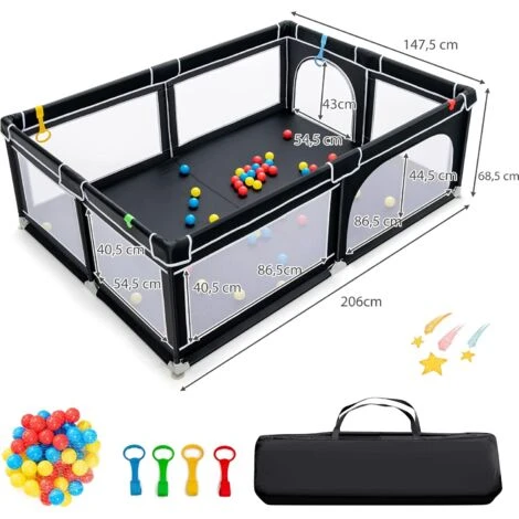 COSTWAY Box Per Bambini, Recinto Per Neonati, Box Per Interno Ed Esterno Con Palline, Con Cancelli Di Sicurezza, Con Ventose Antiscivolo, Pareti A Rete Traspirante E 4 Anelli Per Bambini (Nero) 5 COSTWAY Box Per Bambini, Recinto Per Neonati, Box Per Interno Ed Esterno Con Palline, Con Cancelli Di Sicurezza, Con Ventose Antiscivolo, Pareti A Rete Traspirante E 4 Anelli Per Bambini (Nero) - immagine 5