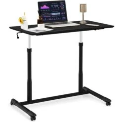 COSTWAY Scrivania Per Computer Regolabile In Altezza, Scrivania Porta PC Con Ruote E Porta Cuffie, Tavolo Per Computer Con Telaio Di Metallo Per Studio E Ufficio, 91,5 X 53 X 68,5-107 Cm (Nero)