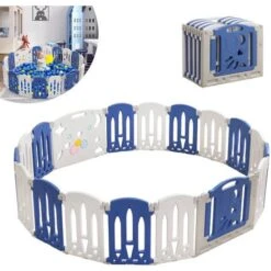 Box Per Neonati Centro AttivitĂ  Pieghevole In Plastica Con Porta E Tavola Giocattolo, Parco Giochi Di Sicurezza Per Bambini, Bianco E Blu (18 Pezzi) HENGMEI