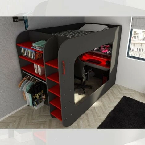 Letto A Soppalco Con Postazione Gamer Antracite Rosso 5000 2 Letto A Soppalco Con Postazione Gamer Antracite Rosso 5000 - immagine 2