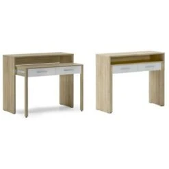Skraut Home - Tavolo Allungabile Da Scrivania, Console Da Studio Per Ordinatore, 2 Cassetti , Finitura Rovere/bianco, Misure: 98,6x86,9x36-70 Cm Di Profondità