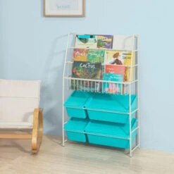 SoBuy Scaffale Bianco Portagiochi Libreria Bambini 4 Scatole In Blu Con Coperchio KMB07-B