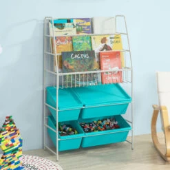 SoBuy Scaffale Bianco Portagiochi Libreria Bambini 4 Scatole In Blu Con Coperchio KMB07-B -Armonia Casa 8937372 3