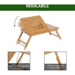 Homcom Tavolino Da Letto Per PC Portatile Con Sistema Di Raffreddamento In Bambù, 55x35x22-30cm -Armonia Casa 8962495 4