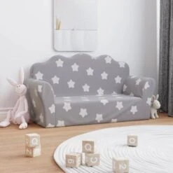 Divano Per Bambini 2 Posti - Divano Relax Sofa Grigio Chiaro Stelle Morbido Peluche BV788152 - BonneVie