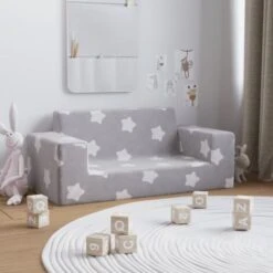 Divano Per Bambini 2 Posti - Divano Relax Sofa Grigio Chiaro Stelle Morbido Peluche BV864141 - BonneVie