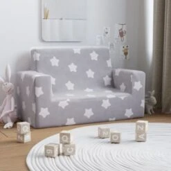 Divano Per Bambini 2 Posti - Divano Relax Sofa Grigio Chiaro Stelle Morbido Peluche BV439582 - BonneVie