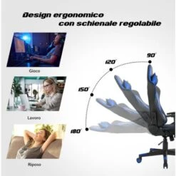COSTWAY Sedia Da Gioco Ergonomica, Sedia Da Gaming Con Schienale Alto E Supporto Lombare, Girevole A 360°, Schienale E Bracciolo Regolabili, Per Ufficio, Sala Giochi (blu) -Armonia Casa 92059599 3