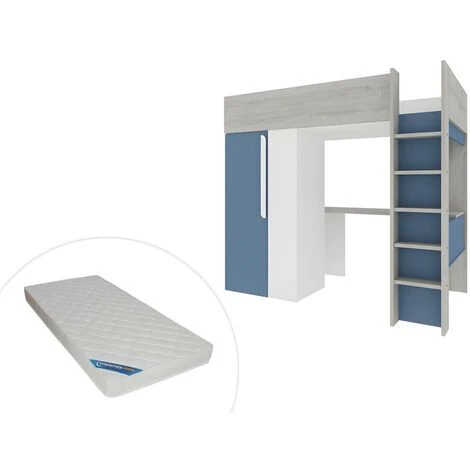 Letto A Soppalco 90 X 200 Cm Con Armadio E Scrivania Blu E Bianco + Materasso - NICOLAS 1 Letto A Soppalco 90 X 200 Cm Con Armadio E Scrivania Blu E Bianco + Materasso - NICOLAS