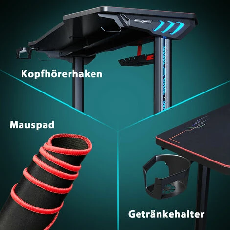 SONNI Gaming Table Tavolo Da Computer Ergonomico, Con Tappetino Per Mouse, 2 Ganci, Porta Bevande E Porta Cuffie, Carbon Optics Black 140cm 3 SONNI Gaming Table Tavolo Da Computer Ergonomico, Con Tappetino Per Mouse, 2 Ganci, Porta Bevande E Porta Cuffie, Carbon Optics Black 140cm - immagine 3