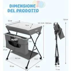 DREAMADE Fasciatoio Pieghevole Per Neonati, Fasciatoio Portatile Per Neonati Con Ampio Cesto Portaoggetti, Supporto Mobile Per Neonati Con 4 Altezze Regolabili E 4 Ruote Bloccabili (Grigio) -Armonia Casa 95180150 3
