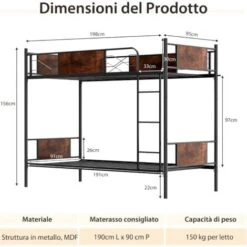 COSTWAY Letto A Castello In Metallo, Letto Con Scala Convertibile In 2 Singoli, Con Rete A Doghe Di Ferro, Struttura Del Letto 90x190 Cm Alto 156 Cm, Carico (totale) 300 Kg -Armonia Casa 96013245 3