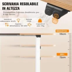 COSTWAY Scrivania Regolabile In Altezza Elettrica, Scrivania Con Ampio Piano, Foro Passacavi E Gancio, Postazione Di Lavoro Per Computer Da Ufficio E Casa, 140 X 70 X 72-116 Cm (Legno Chiaro) -Armonia Casa 96369232 5
