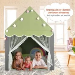 COSTWAY Tenda Da Gioco Per Bambini, Tenda Castello Con Tappetino Lavabile, Luci A Forma Di Stella, Per Interno Ed Esterno, 105 X 121 X 136 Cm (Verde) -Armonia Casa 96369235 5