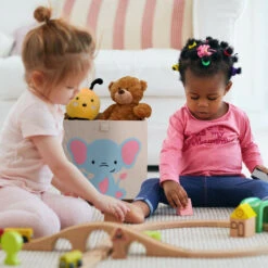 Relaxdays Box Portagiocattoli, Cesta In Stoffa Portaoggetti, 33x33x33 Cm, Design Elefante, Camera Bambini, Beige Azzurro -Armonia Casa 96758327 3