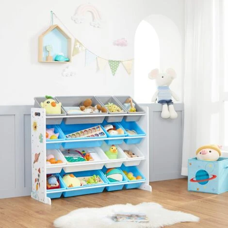Songmics Scaffale Per Giocattoli, Mobile Cameretta A 4 Ripiani Con 16 Contenitori Rimovibili In Plastica, Organizzatore Giochi Per Bambini, Stanza Dei Giochi, Bianco, Azzurro E Grigio , 2 Songmics Scaffale Per Giocattoli, Mobile Cameretta A 4 Ripiani Con 16 Contenitori Rimovibili In Plastica, Organizzatore Giochi Per Bambini, Stanza Dei Giochi, Bianco, Azzurro E Grigio , - immagine 2