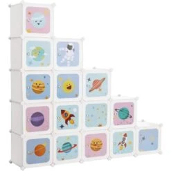 Songmics Scaffale Portaoggetti A 15 Cubi Per Bambini, Portagiochi Ad Incastro, Armadio In Plastica, Organizzatore Modulare Per Abiti Scarpe Zainetto, 123 X 31 X 123 Cm, Bianco