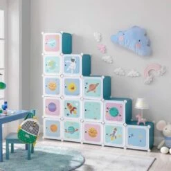 Songmics Scaffale Portaoggetti A 16 Cubi Per Bambini, Portagiochi Ad Incastro, Armadio In Plastica, Organizzatore Modulare Per Abiti Scarpe Zainetto, 123 X 31 X 123 Cm, Azzurro