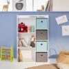 Mobile Contenitore Per Bambini, Bianco - Camille - Con 3 Ripiani E 4 Cestini Grigio E Blu